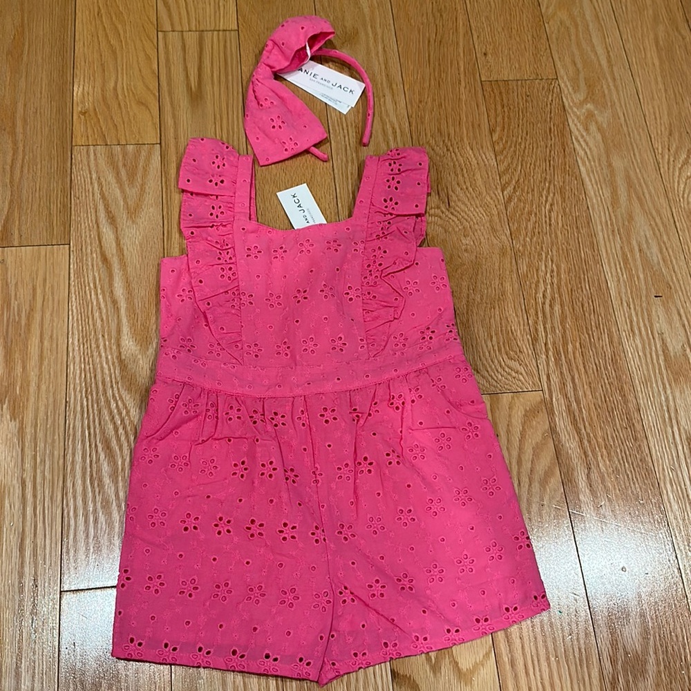 NWT Janie & Jack pink eyelet romper matching headband 2T